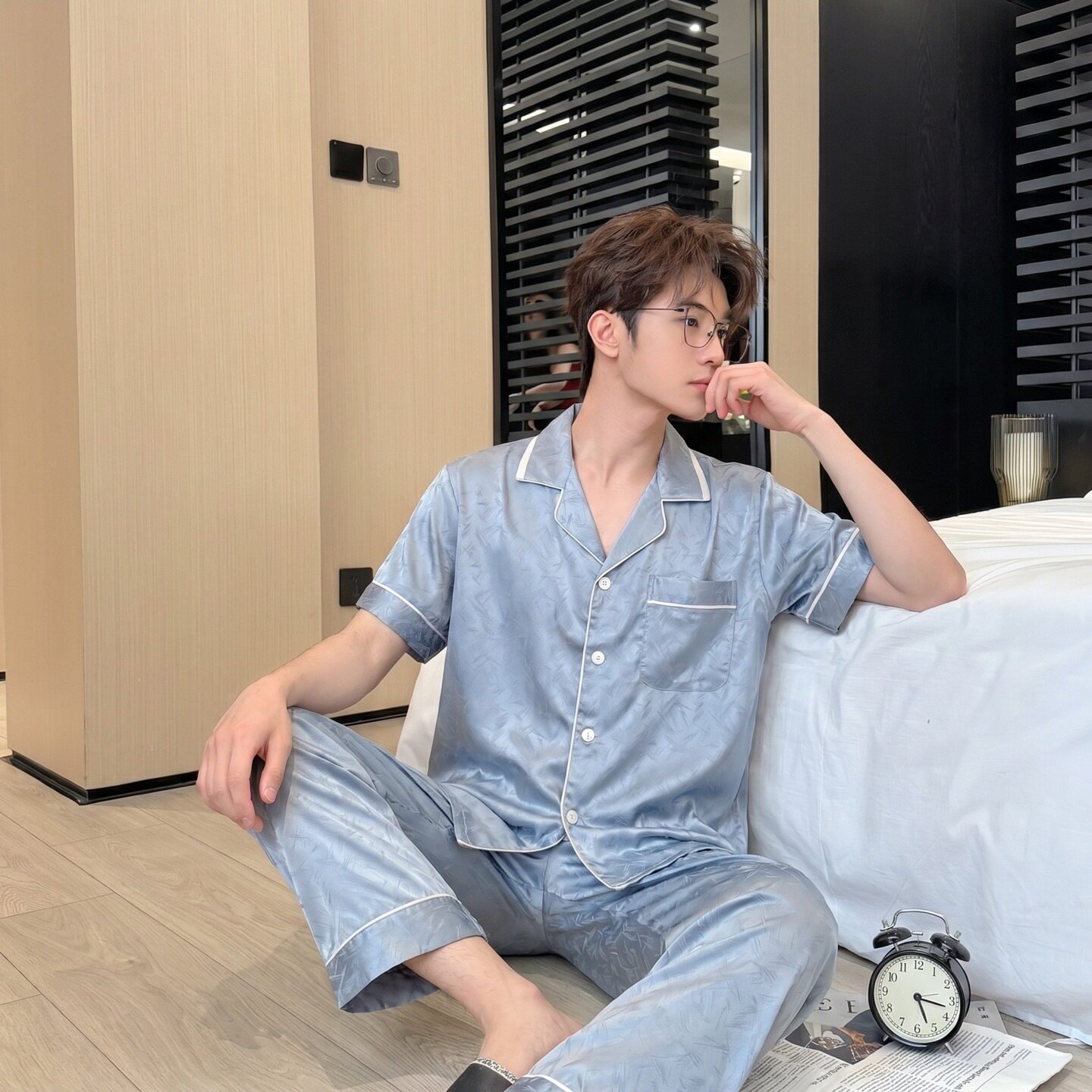 时尚新品男士睡衣短袖长袖休闲高级感纯色家居服套装2026年男新款