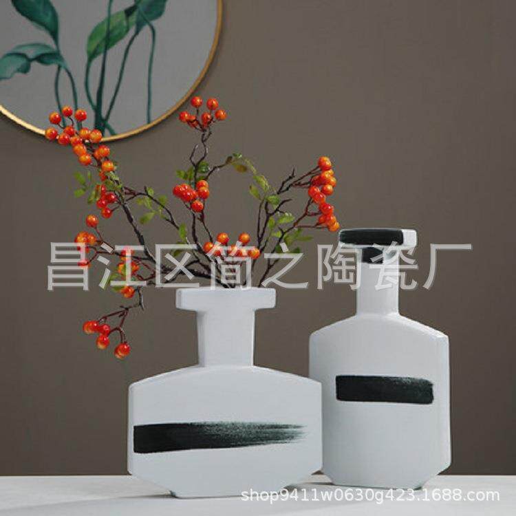 创意手绘黑白色几何图案陶瓷花瓶花器现代家居样板房软装饰品摆件