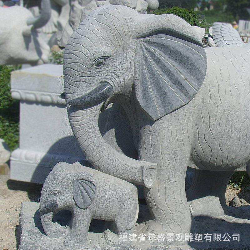 石头母子像大象石雕景观摆件 石材雕刻大象 动物园雕塑