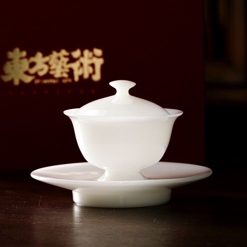 冰种羊脂玉瓷盖碗白瓷茶具家用功夫茶碗带盖子三才泡茶办公室礼盒