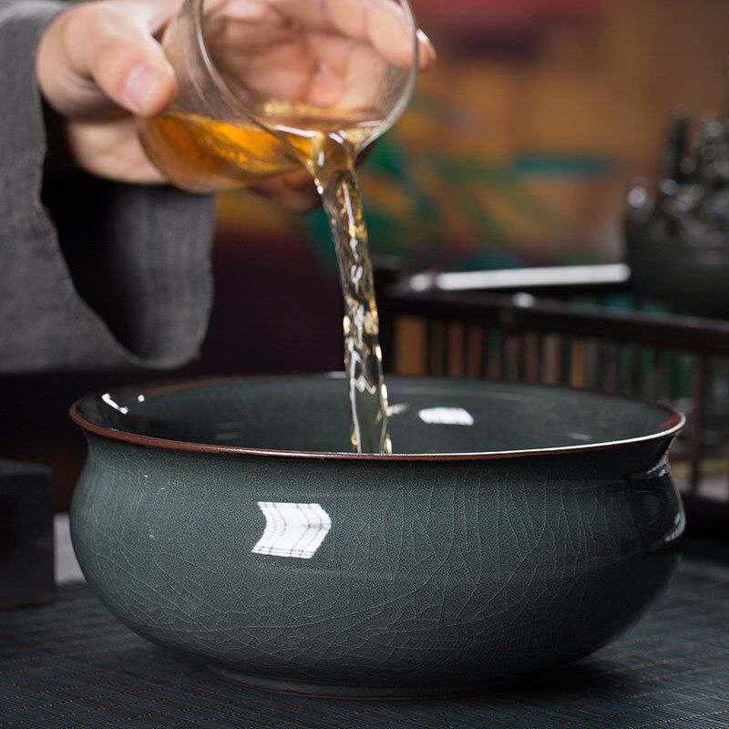龙泉青瓷铁胎茶洗笔洗家用配件哥窑冰裂陶瓷功夫茶具开片水盂渣斗