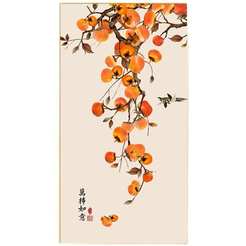 网红新中式纯手绘油画入户玄关客柿柿意事事如柿厅子画装饰画竖版