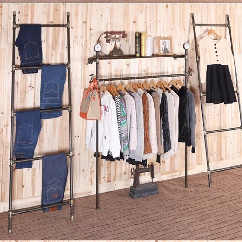 简约铁艺实木复古做旧服装店展示水管龙门落地挂衣帽架