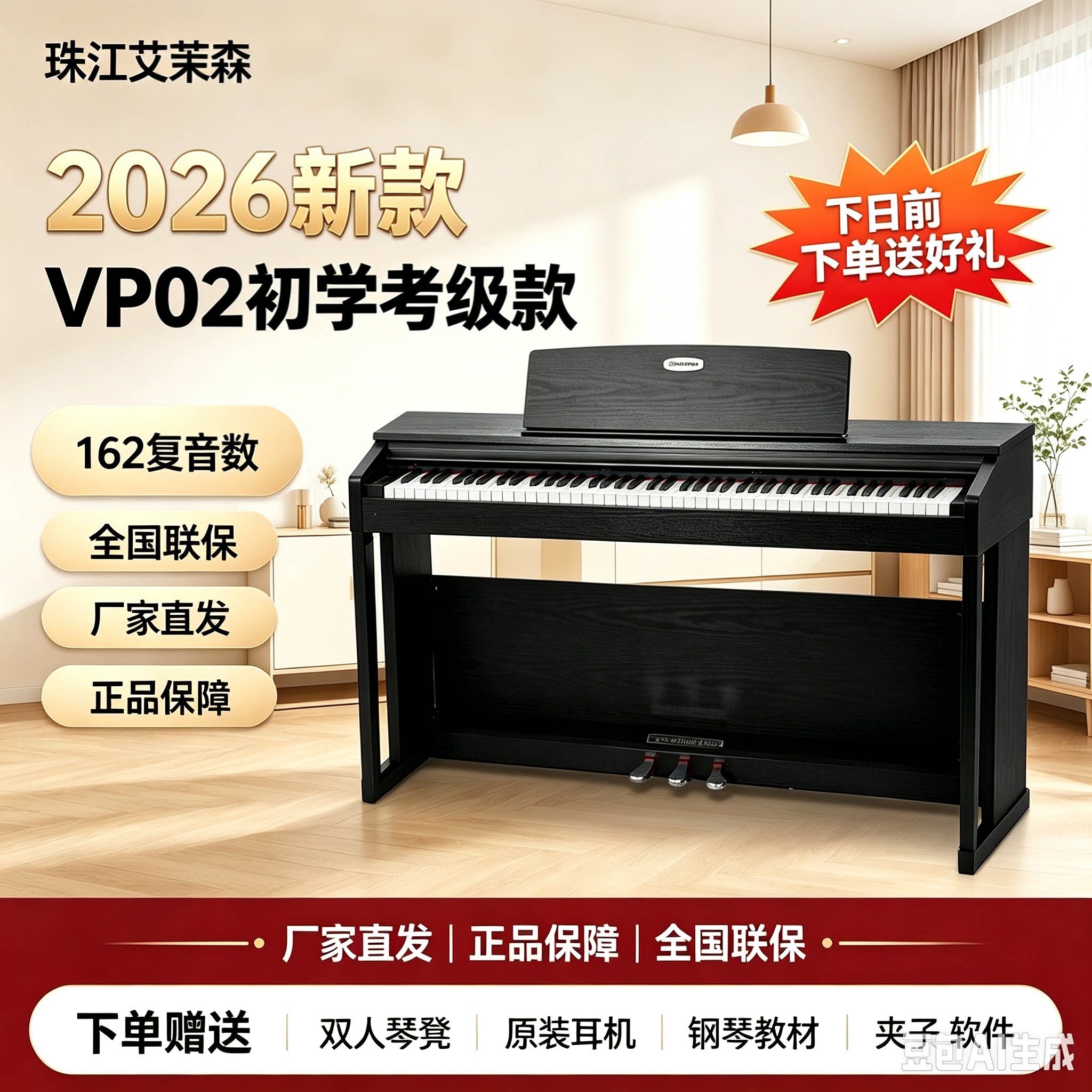 2026新品珠江艾茉森电钢琴88键重锤初学考级家用专业演奏钢琴Vp02图片