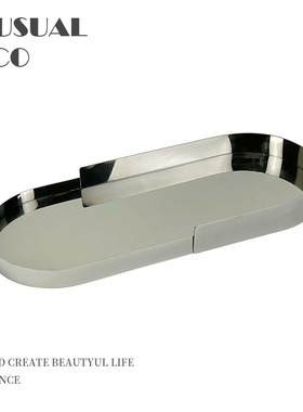 现代简约欧式轻奢金属椭圆托盘金色G黑钛色样板房售楼处软装饰品