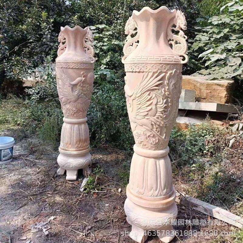 石雕花瓶雕塑一对汉白玉大理石材烛台插花祭祀墓地精雕