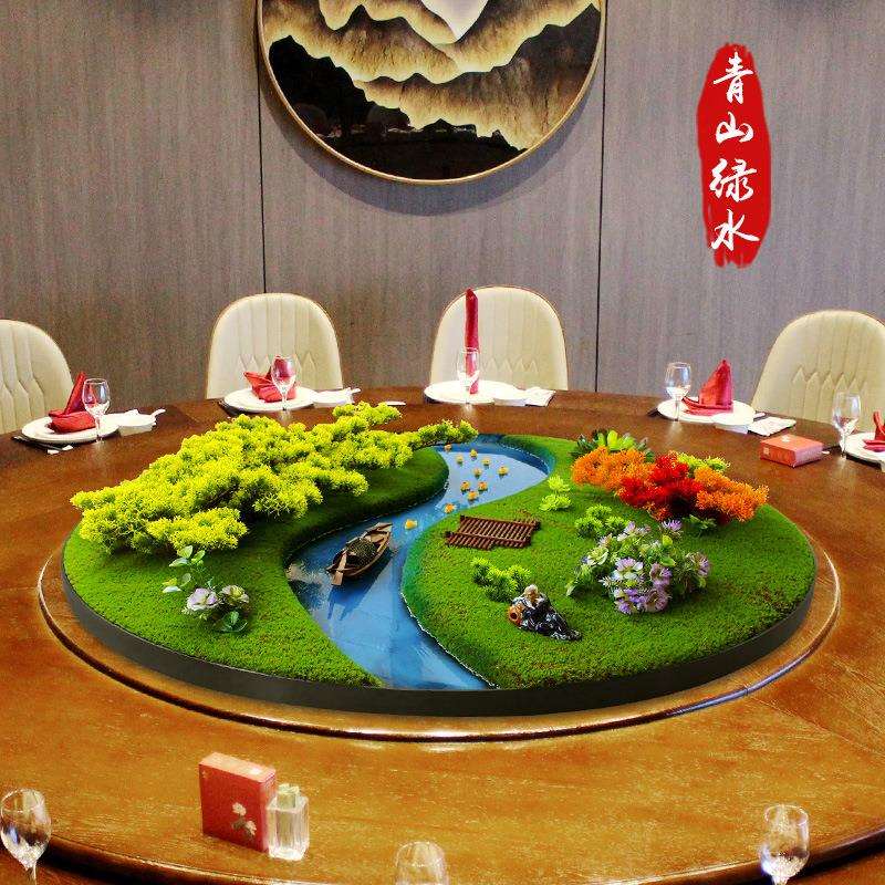 酒店大圆桌中间转盘摆花饭店中间造景摆件绿植创意微景观装饰