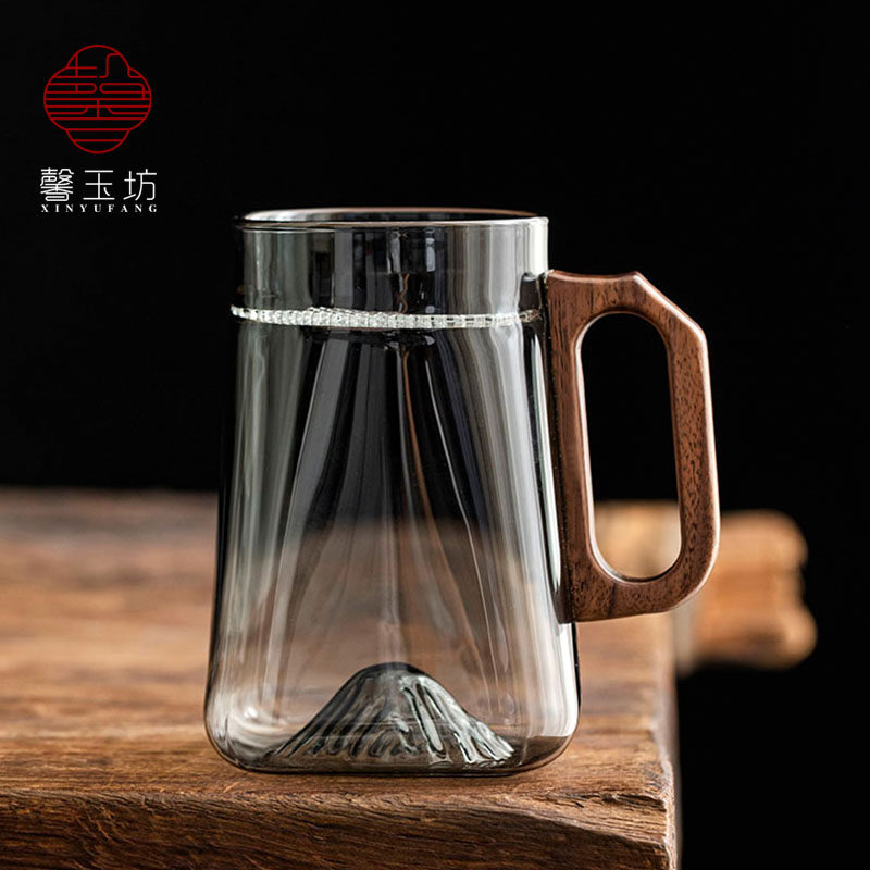耐高温烟灰玻璃茶杯月牙过滤泡茶杯胡桃木把男士办公室绿茶喝水杯