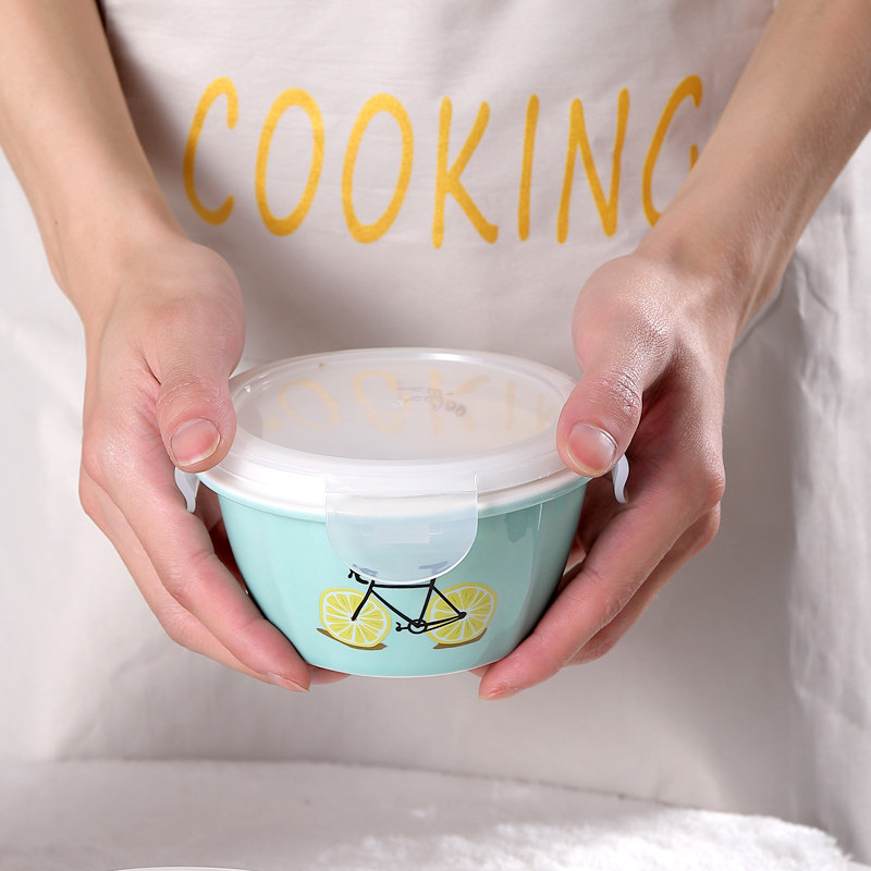 可微波炉陶瓷碗加热饭盒可爱卡通圆形保鲜盒套装专用小碗带盖汤碗