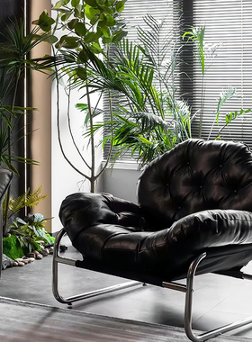 单人设计师沙发椅极简阳台休闲椅客厅单椅黑色小沙发中古懒人椅子