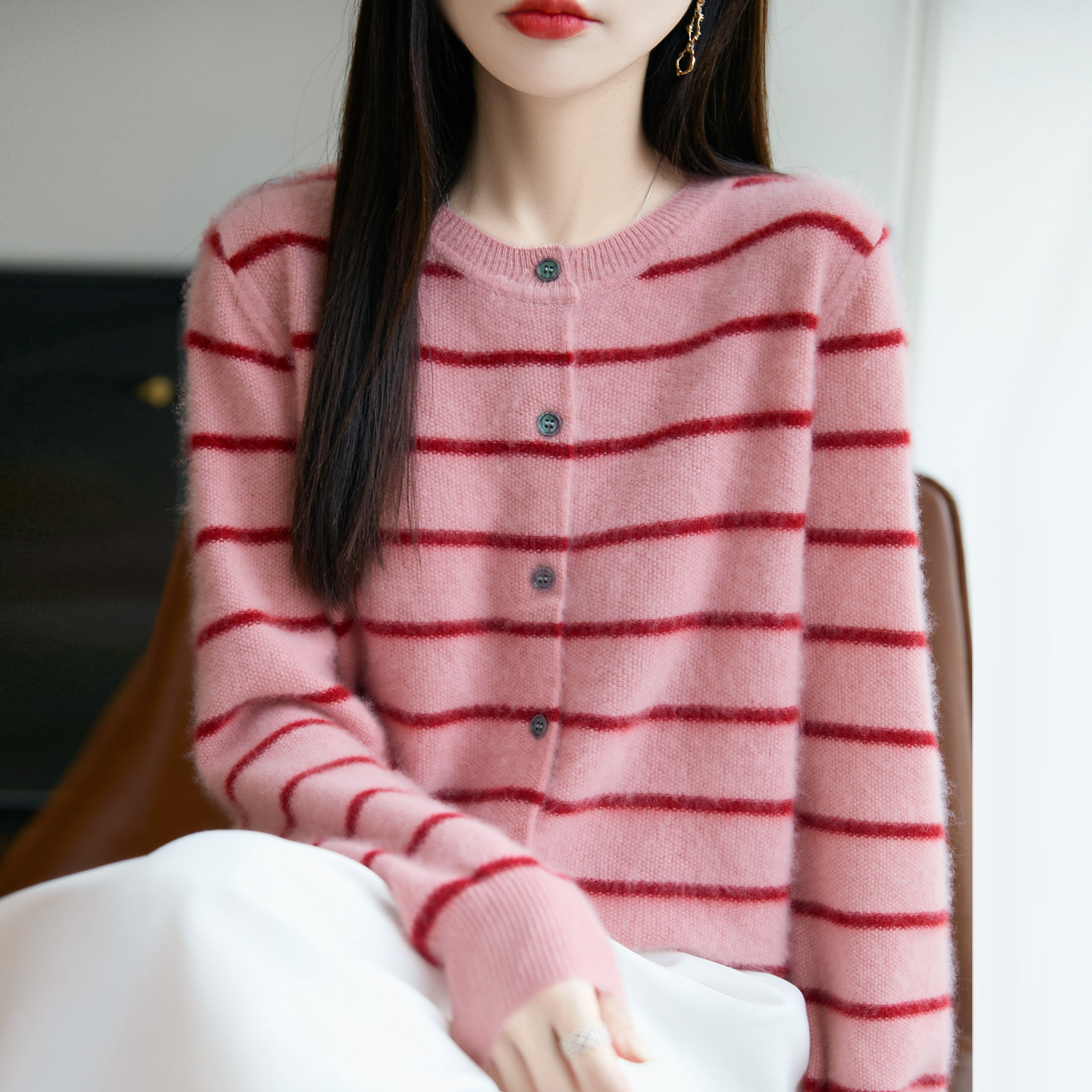100%纯羊毛女条纹开衫毛衣