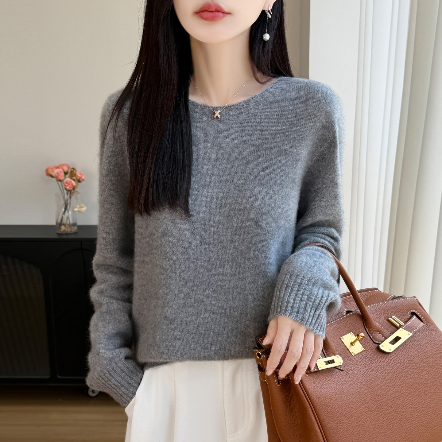 高级感灰色100%羊毛女针织衫