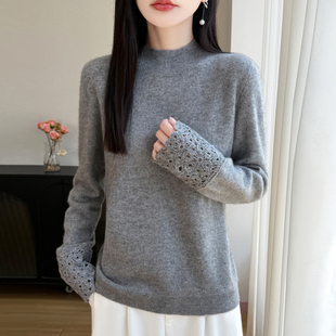 纯羊毛半高领钩花镂空针织衫女26秋冬新款洋气精致内搭打底衫