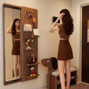 实木洞洞板穿衣镜一体全身镜子隐藏式家用可关闭壁挂墙玄关试衣镜