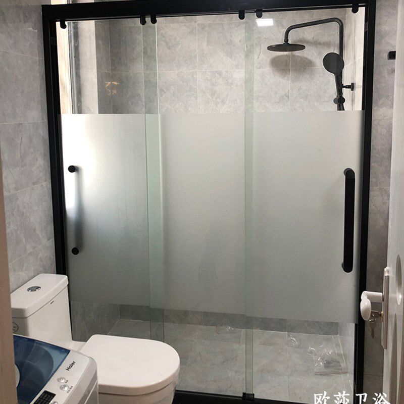 上海三联动淋浴房一字形三门钢化玻璃推拉移门定制小浴室简易隔断