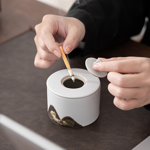 蕴华堂 闲山带盖烟灰缸 远山防风烟缸茶几家用个性潮流时尚密封