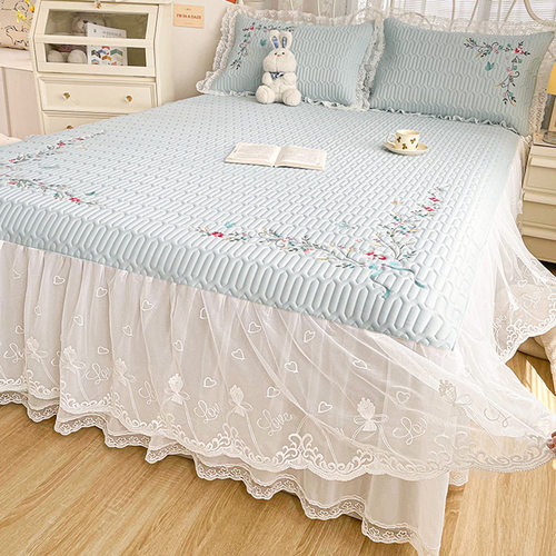A类公主风乳胶凉席床裙款冰感丝席蕾丝刺绣可折叠夏天空调软席子