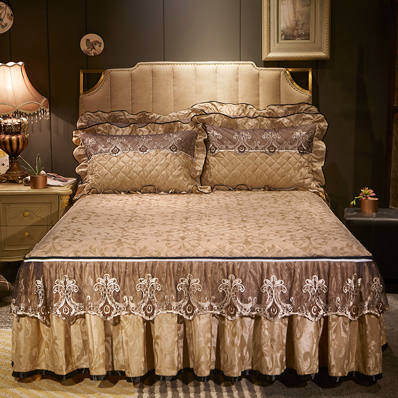 欧式夹棉加厚床裙天鹅绒单件保暖床罩1.5m1.8米2m可拆卸蕾丝裙边