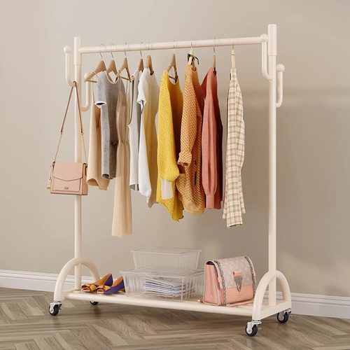 挂衣架落地卧室内家用简易衣帽架子晾衣杆折叠房间凉晒移动带轮架