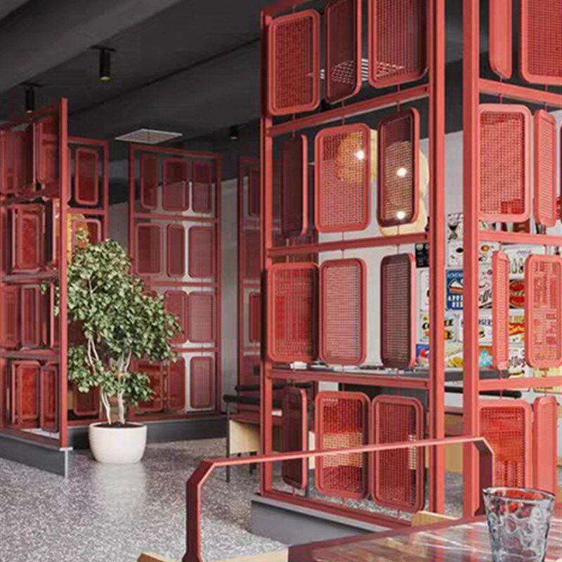 中式藤编铁艺屏风隔断国潮工业风餐厅酒店包半墙镂空装饰火锅花格