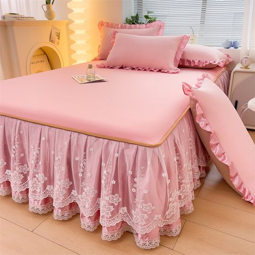 凉感冰丝席床裙款三件套少女心可拆卸花边夏季防滑凉席空调席软子