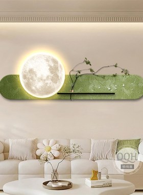 奶油风绿色客厅装饰画中古风沙发背景墙画水培花瓶发光壁灯画
