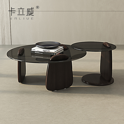 极简意式灰玻璃大小圆形茶几原木小户型侘寂风设计师实木茶几组合