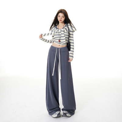 JWUW美式复古垂感百搭松紧腰抽绳阔腿裤女宽松显瘦慵懒运动休闲裤