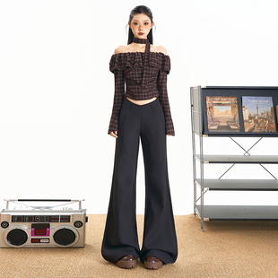 JWUW秋冬复古低腰加绒保暖西装喇叭裤女V字腰修身休闲裤拖地长裤