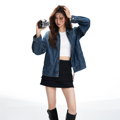 JWUW秋冬季新款美式老钱风复古宽松牛仔外套女时尚短款上衣夹克