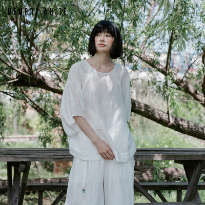 MEMORYWHITE 亚麻简约纯色宽松圆领蝙蝠袖上衣