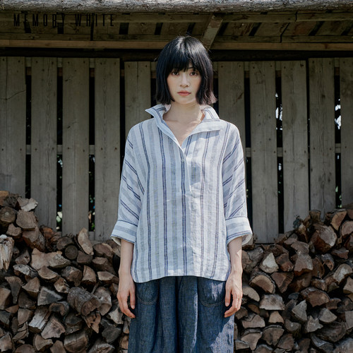 MEMORYWHITE 松弛感老钱风全亚麻条纹中袖宽松防晒衬衫上衣