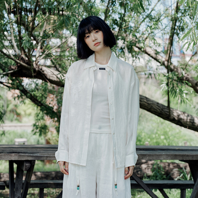 MEMORYWHITE 亚麻白色宽松透气舒适长袖衬衫上衣