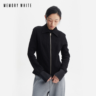 MEMORY WHITE设计师款极简主义肌理感斜纹翻领拉链短外套上衣女款