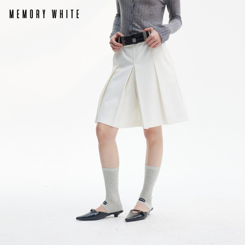 MEMORY WHITE 设计师款气质学院风中高腰立体羊毛压褶A字半身裤裙