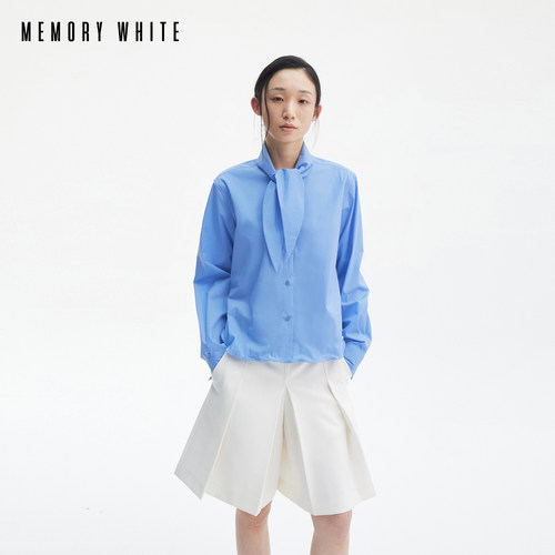MEMORY WHITE 设计师款定染法式复古学院风领巾结廓形衬衫上衣女