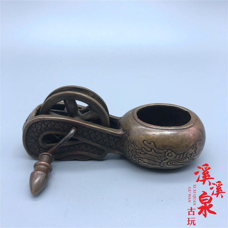 纯黄铜老古董清代双龙戏珠纹饰老墨斗老物件复古微雕古玩杂项收藏