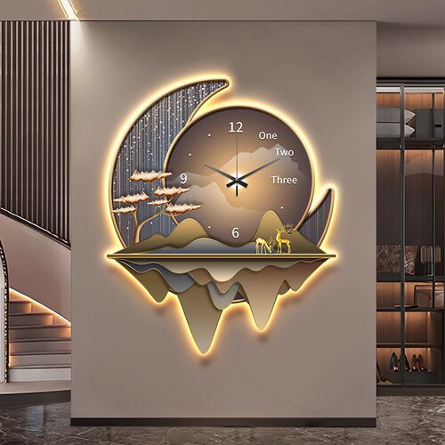 带灯静音钟表餐厅装饰画LED氛围灯客厅玄关壁画挂钟卧室壁灯画