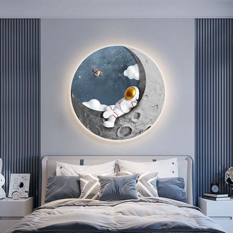 宇航员儿童房装饰画卡通创意男孩卧室床头挂画玄关走廊过道壁画灯