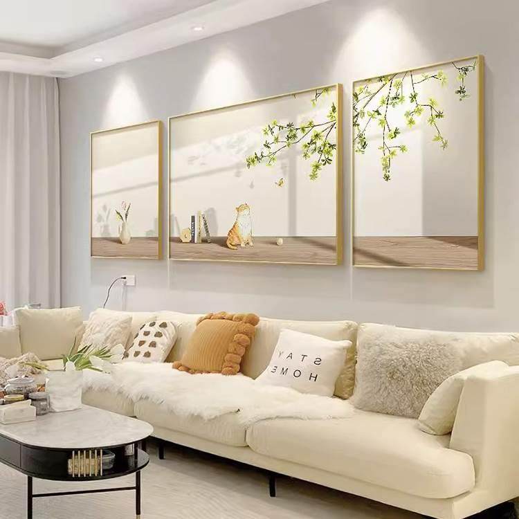 光影装饰画客厅原木奶油风小清新绿植挂画沙发背景墙猫咪三联壁画