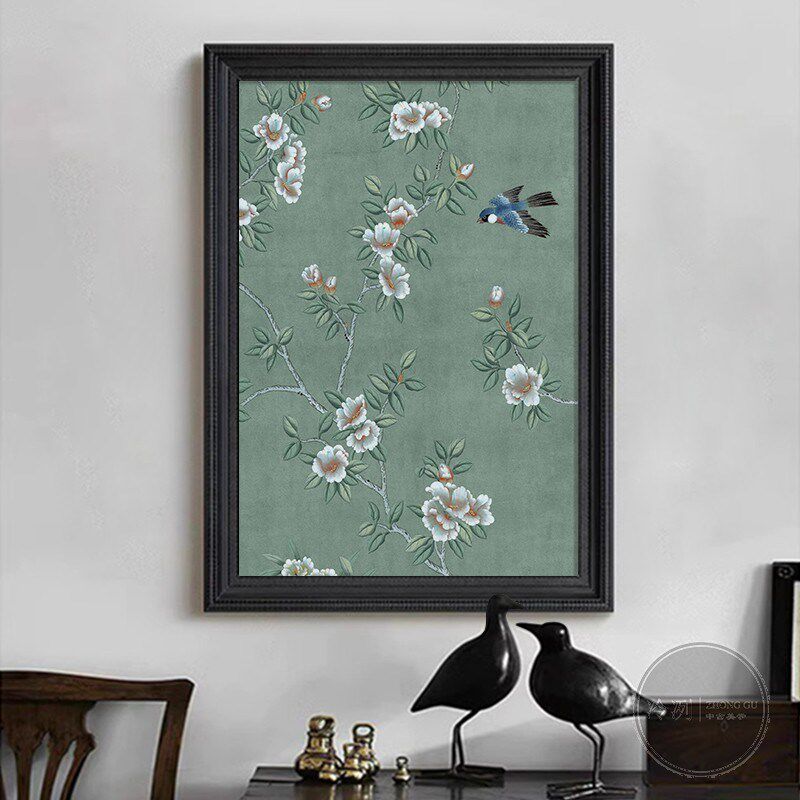 中式古典客厅玄关花鸟图装饰画桌面摆件法式挂画中古风纯手绘油画