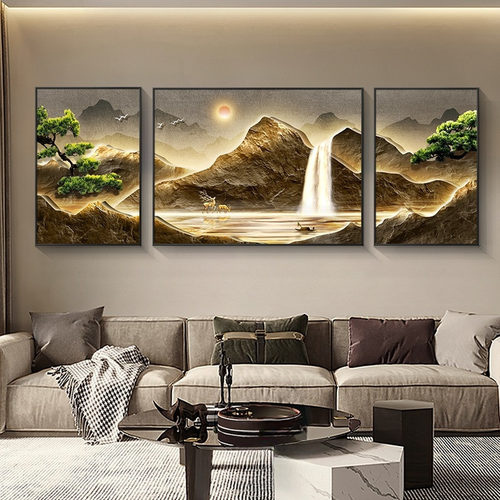 流水生财山水靠山装饰画客厅沙发背景墙挂画高档大气2023新款壁画