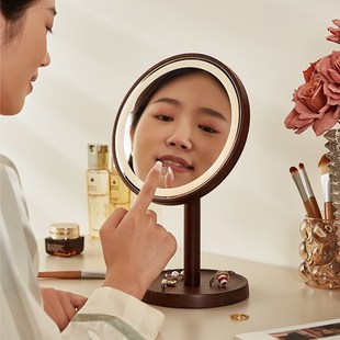 初心实木桌面台式化妆镜大镜面高清补光美妆镜led带灯镜子梳妆台