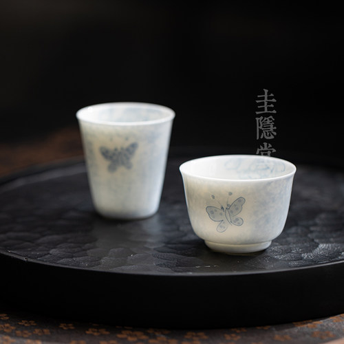 圭隐堂纯手绘蝶恋花陶瓷功夫茶杯釉下彩家用主人杯品茗杯个人单杯