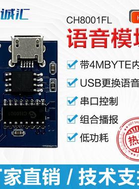 语音模块芯片定制串口控制带4MBYTE内存USB下载组合播报CH8001FL