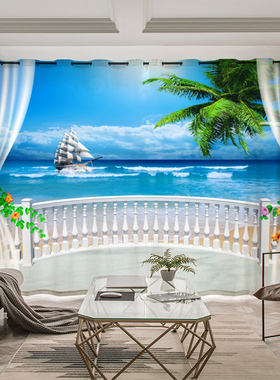 2021年新款客厅阳台卧室书房3d自然风海景画清新绿色个性遮光窗帘