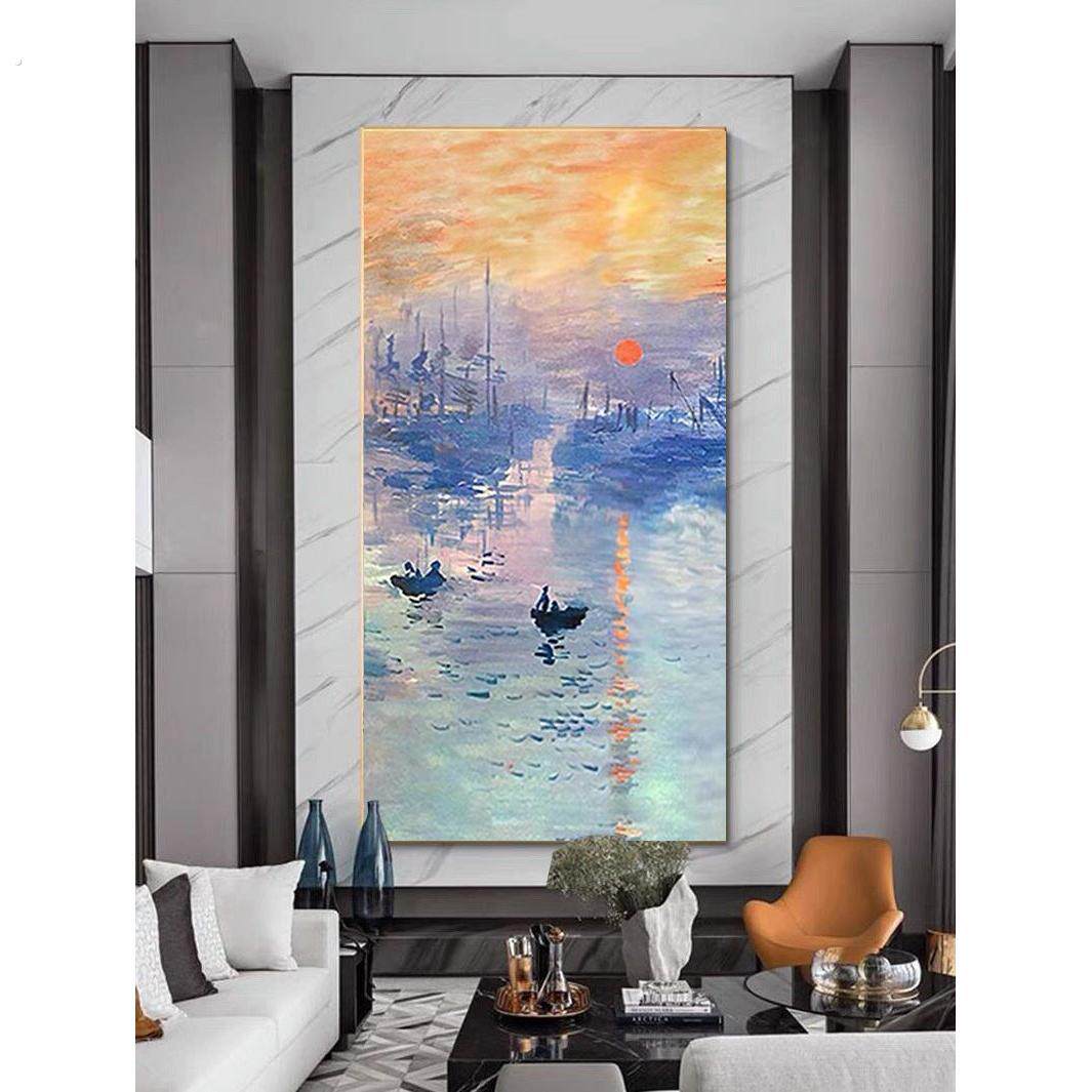 莫奈日出纯手绘油画入口大厅装饰画现代走廊通道通达豪华风景垂直
