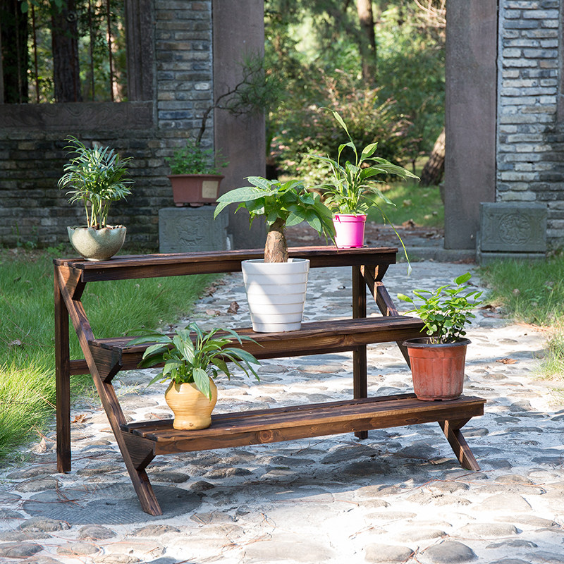 碳化防腐木花架室内外三层多肉展示阳台置物实木阶梯落地式花盆架