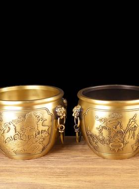 宏达 全黄铜加厚浮雕狮头缸三阳开泰麒麟纳福玄关吉祥铜缸摆件