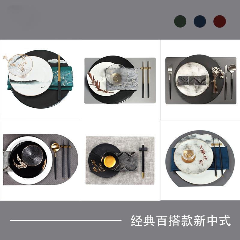 新中式样板房间餐具套装摆台软装饰品餐桌摆件简约灰墨绿色餐盘